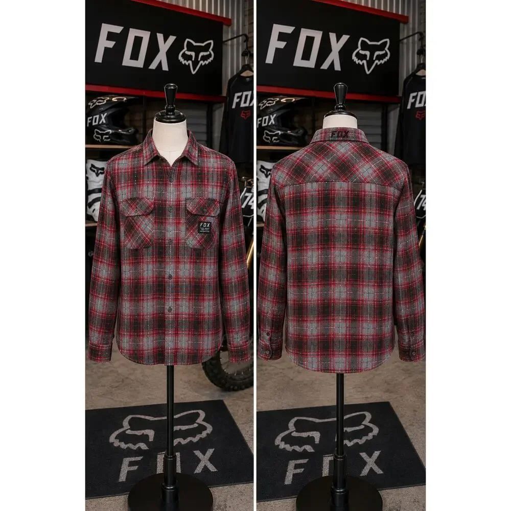FOX Racing Plaid Flannel Button Up Shirt Gray Red Men’s Medium